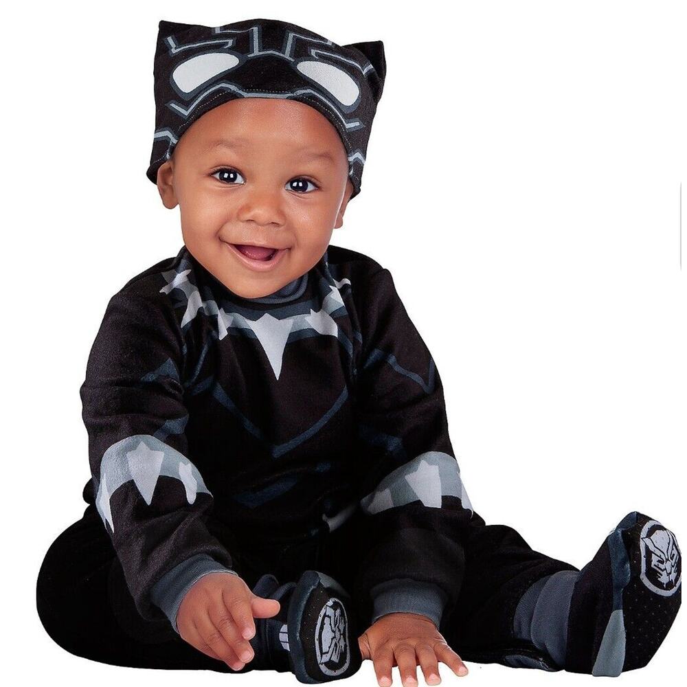 MARVEL Black Panther Costume Infant Sz 0-6 Mo 3 Pc Set NON-SLIP BOOTIE Halloween - Picture 1 of 15